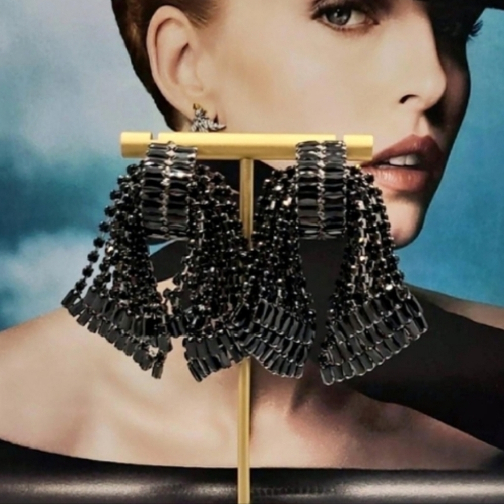 Estate Black Crystal Luxury Palace Chic Exaggerated Bow Silver Dangle Earrings